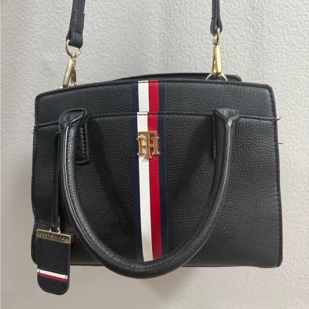 Tommy Hilfiger Signature Stripe Pebbled Satchel Crossbody Bag - Black